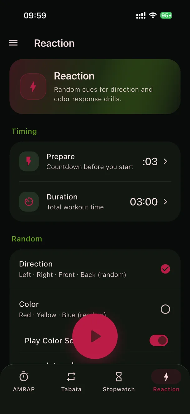 PushBeat Timer Reaction training setup screen