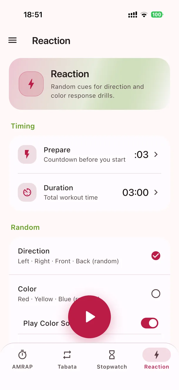 PushBeat Timer Reaction training setup screen