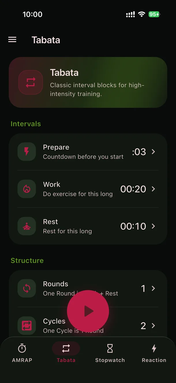 PushBeat Timer Tabata interval setup screen